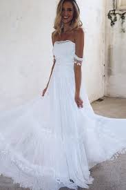A Line Off The Shoulder Lace White Beach Wedding Dress With Appliques Okf22 Wedding Dresses Strapless Lace Beach Wedding Dress White Lace Wedding Dress