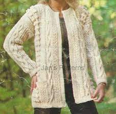 Begin the sleeves by crocheting in the round, then attach them to the body. Lady S Aran Long Line Jacket Cardigan Knitting Pattern Laminated Ebay Womens Knitting Patterns Pdf Knitting Pattern Easy Knitting Patterns