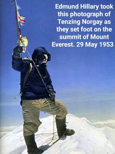 Edmund Hillary took this photograph of Tenzing Norgay as they set foot on  the summit of Mount Everest. 29 May 1953 On May 29, 1953, New Zealand  mountaineer Edmund Hillary and Nepalese- Sherpa climbe