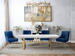Tov Furniture Modern Adeline White Gold Rectangular Dining Table 4 Navy Beatrix Chairs Gold Dining Room Gold Living Room Velvet Dining Chairs