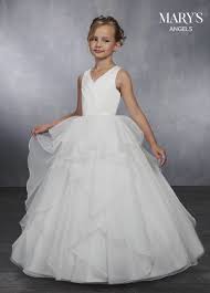 Long V Neck Flower Girl Dress With Layered Skirt By Mary S Bridal Mb9033 Satin Flower Girl Dress Girls Ball Gown Wedding Dresses Simple