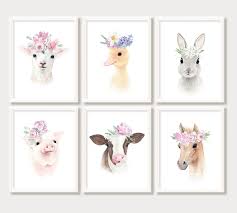 Farm Animal Nursery Prints Set 6 Baby Animals With Flower Etsy Nursery Wall Art Girl Nursery Animal Prints Nursery Art Prints