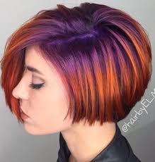 Violet Rooted Into Fiery Orange Hair Color Purple And Orange Hair By Hairbyelm Short Hair Styles Hair Styles Short Hair With Layers
