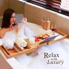 Domax bathtub caddy tray plans for building. Domax Bathtub Caddy Tray Expandable Bamboo Tub Tray For Luxury Bath With Book Holder And Free Soap Dish Walmart Com Walmart Com