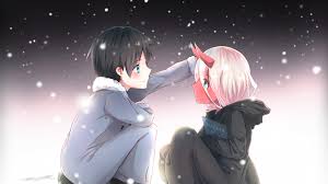 4k, anime girl, darling in the franxx, ichigo. Darling In The Franxx Red Face Zero Two Hiro With Background Of Black And White Glitters 4k Hd Anime Wallpapers Hd Wallpapers Id 41210