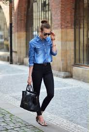 Maybe you would like to learn more about one of these? Women S Blue Denim Shirt Black Skinny Jeans Beige Leopard Suede Loafers Black Leather Tote Bag Lookastic