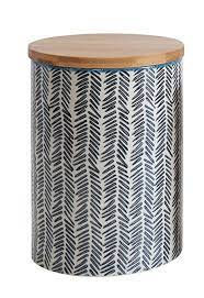 creative co op stoneware jar with design and wood lid navy large decorated jars wood design jar storage