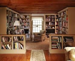 Open Plan Library With Half Wall Bookshelves Cozy Home Library Home Library Design Home Libraries