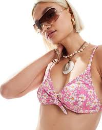 Labelrail x Olivia Grace Herring tropical floral print bow front bikini top  in pink