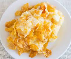 Cheesy Potato Casserole With Corn Flake Topping Recipe Cheesy Potato Casserole Food Potato Casserole