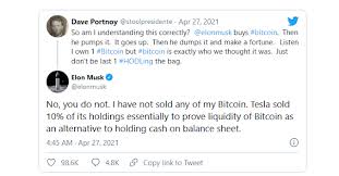 — elon musk (@elonmusk) april 26, 2021 Elon Musk S Don T Tesla Only Sells 10 Percent Of Its Bitcoins