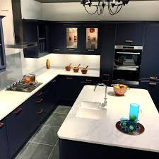 Black And Copper Kitchen Handles Karlmasters On Instagram New From Magnet Stylish Dark Navy Blue In A Ma Interior Design Kitchen Small Interior Design Kitchen Open Plan Kitchen Living Room