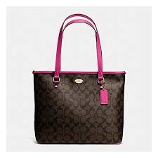 Black And Brown Coach Purse Authentic Nwt Coach F34603 Signature Zip Top Tote Brown Pink Ruby Handbag Coach Purses Coach Handbags Tote Handbags