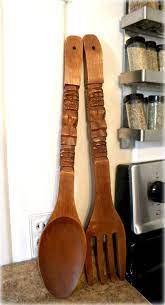 Vintage 22 Carved Wooden Tiki Fork And Spoon Set Wall Hanging Made In The Philippines Carving Wooden Tiki