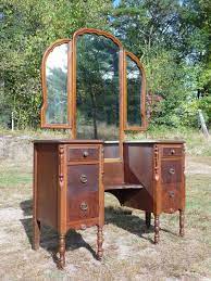 Antique Walnut 6 Drawer Drop Well Vanity Dressing Table With Tri-fold Mirror Artdeco Art Deco Dressing Table Antique Vanity Trifold Mirror