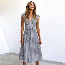 Navy Blue White Striped Vneck Button Down Midi Length Women Dress Spring Summer Dresses Fashion Casual Party Dresses Stripes Fashion Dress