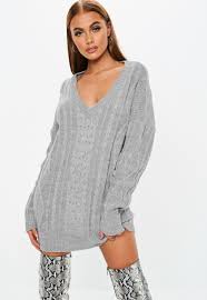 Missguided Gray V Neck Cable Knitted Sweater Dress Cable Knit Sweater Dress Cable Knit Jumper Dress Knitted Jumper Dress