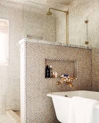 For Those Who Love Swoon Worthy Interiors With A Modern Glam Pov Free Standing Bath Tub Penny Round Tiles Bathroom Inspiration
