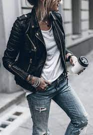 Leather Biker Jacket White Tee Ripped Jeans Streetstyle Lederjacke Outfit Outfit Ideen