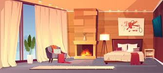 Winter scenery for all themes! Download Vector Cartoon Interior Of Cozy Hotel Bedroom With Furniture Double Bed Carpet And Fireplace Liv For Free Living Room Background Bedroom Hotel Cartoon Background