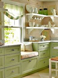 Interesting Mix White Washed Horizontal Pine Boards On Walls Green Beadboard Cabinets White Painted Open Sh Window Seat Kitchen Beach Cottage Kitchens Home