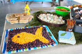 Pond scum, catch shark party foods shark snacks party punch recipes boy birthday parties 2nd birthday birthday ideas. Fish Shape From Cheese Cubes Surrounded By Oyster Pearls Grapes Fishing Themed Birthday Party Fishing Birthday Party Fish Fry Party