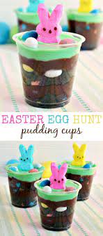 Decorate with marshmallows and jelly beans as shown in photo. Easter Egg Hunt Pudding Cups With Peeps Easter Snacks Easter Sweets Easter Deserts