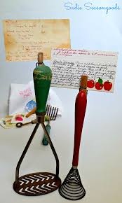 A Recipe Holder From Vintage Kitchen Utensils And Wooden Clothespins Recipe Card Holders Vintage Kitchen Utensils Vintage Kitchen Gadgets