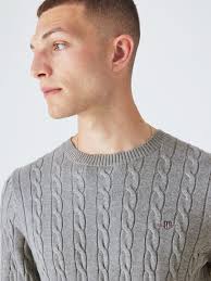 GANT Cotton Cable Knit Crew Neck Jumper, Grey Melange