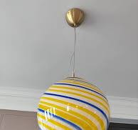 Hand Blown Glass Globe Pendant Light: Yellow & Blue Swirl, 13.7"