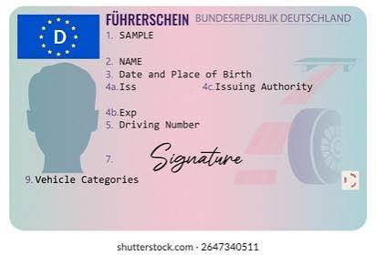 Official German plastic driving license card resting alongside a highway code text on a wooden desk, Carte de permis de conduire UE how to get a driving license in Germany