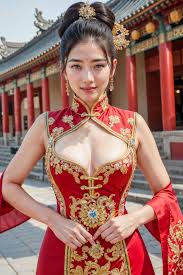 Asian, long hair, smiling, looking at viewer, cleavage, big boobs, women,  AI art, Stable Diffusion, portrait display, cleavage cutout, black hair,  Chinese dress, earring | 2048x3072 Wallpaper - wallhaven.cc