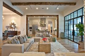 The color combination of blue, white and brow is the right balance between feminine and masculine decor. Austin Painted Ceiling Beams Living Room Transitional With Patio Contemporary Decorative Pillows Wood Floors