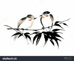 White Bird With Red Cheeks Ink Illustration Of Two Little Birds With Red Cheeks Sitting On The Bamboo Branch Sumi E U Sin Guohua Painting Style Silhouette Made Up O Japanese Ink Painting Sumi E Painting Ink Illustrations