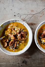 Roasted Pumpkin Soup With Wild Rice And Miso Mushrooms Serving Dumplings Recipe In 2020 Pumpkin Soup Pumpkin Stew Roast Pumpkin Soup