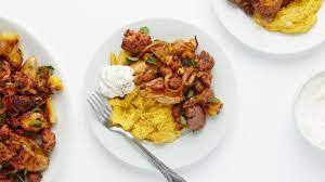 Crispy Potato Hash With Spicy Sausage Must Be Rent Week Crispy Potatoes Spicy Sausage Potato Hash