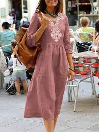 24 24 50 Women Casual V Neck Cotton Linen Half Sleeve Dress Women S Clothing From Clo In 2020 Maxi Dress With Sleeves Women Dresses Casual Summer Solid Dress Casual