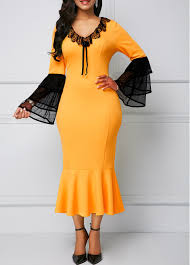 Layered Bell Sleeve Lace Panel Yellow Mermaid Dress Rotita Com Usd 30 36 Shop Casual Dresses Yellow Mermaid Dress Dresses