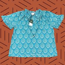 Tuckernuck Blouse Womens 2XL Tropical Teal Blue Ruffled Casual Top
