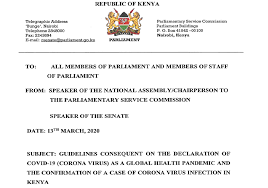 Guidelines Consequent On The Declaration Of Covid 19 Corona Virus As A Global Health Pandemic And The Confirmation Of A Case Of Corona Virus Infection In Kenya The Kenyan Parliament Website