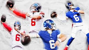Jaxson Dart throwing an off platform pass for the New York Giants