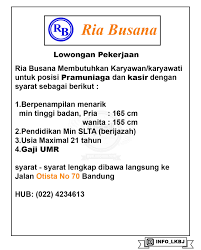 Bahan crepe didesain dengan cutting longgar agar nyaman dipakai untuk si kecil. Ria Busana Loker Lowongan Kerja Bandung Jawabarat