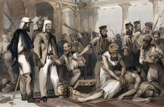 British colonial soldiers looting the Qaisar Bagh, Lucknow, on 15 March 1858. This contemporary engraving depicts British troops plundering the royal palace complex following the capture of Lucknow during the Indian Uprising