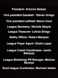 Please welcome your 2025 board members. Thank you for volunteering your  time for the kids. We have one other board member position to be filled if  you are interested in umpire in
