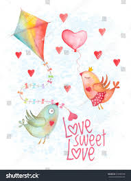 Vector Valentine Day Birds Couple With Heart And Kite On Blue Background Watercolor Love Card Watercolor Hand Art Drawing Vector Artwork Cute Couple Cartoon
