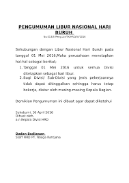 Tidak ada format yang begitu baku pada surat ini. Doc Pengumuman Libur Nasional Hari Buruh Dedi Setiadi Academia Edu