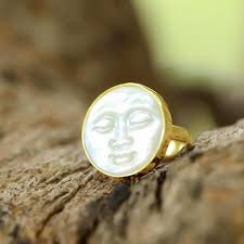 Natural Pearl Moon Face Ring, 18k Gold Plated, Goddess Jewelry