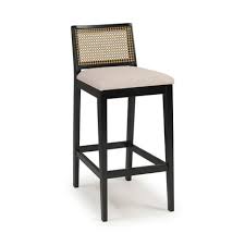Taburete Dora Madera Lacada en Negro Tejido de Paja Natural Hexagonal con  Asiento Tapizado en Lino 30124