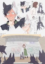 soul (tamashii), sakura haruka (wind breaker), tachibana kotoha, wind  breaker (nii satoru), absurdres, highres, 1boy, 1girl, animal ears,  animalization, black hair, blush, brown hair, cat, cat ears, full-face  blush, heterochromia, jacket, multicolored