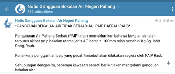 Ini bermakna, air yang dibekalkan bukan sahaja cukup dari segi kuantiti tetapi yang lebih penting memenuhi piawaian dari segi kualiti air. Terkini Maklumat Gangguan Pengurusan Air Pahang Berhad Facebook